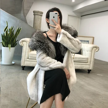 

2019 winter new whole leather mink fur coat women's long hooded real fox fur collar personality fashion warm fur coat