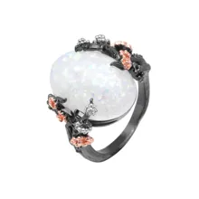 Beautiful Tree Flower Ring Jewelry Black Gold Filled Romantic CZ Big White Fire Opal Rings for