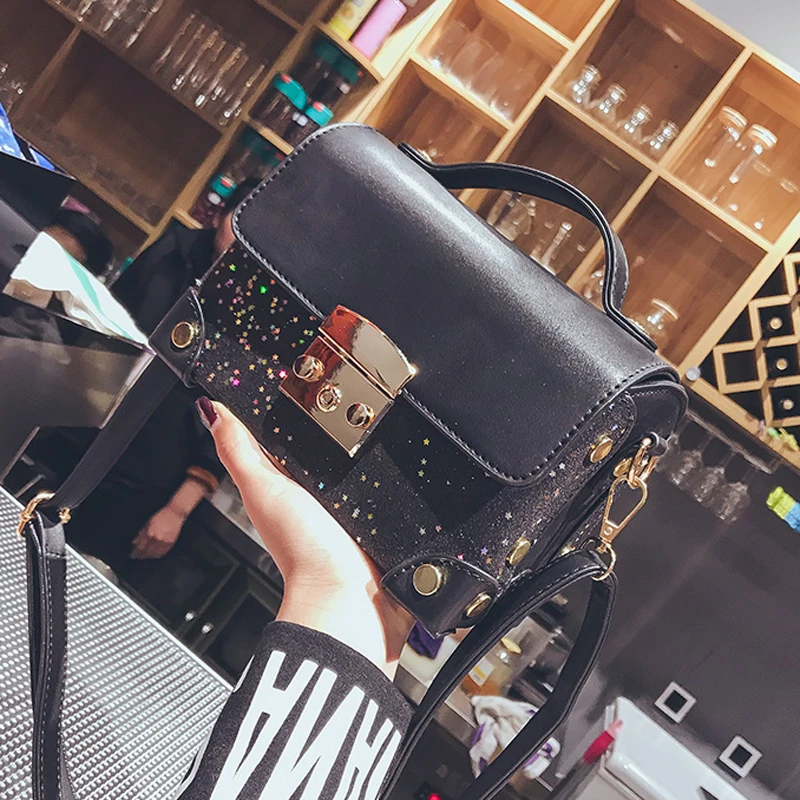 

2019 fashion latest trend wild shoulder bag lock solid color leather business sequin handbag high quality Messenger bag