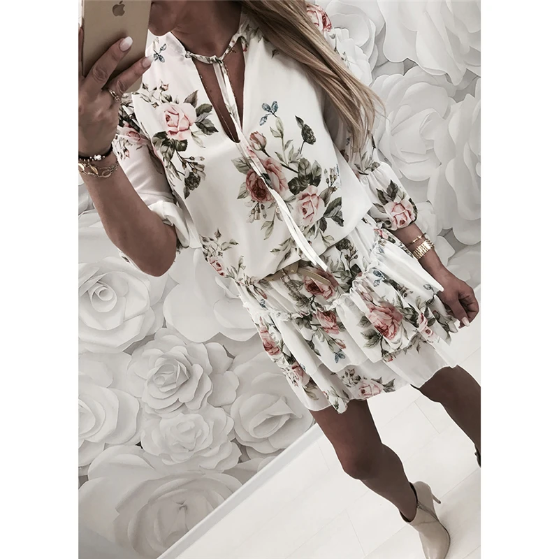 

New Women's Vintage A-Line Dress Half Sleeve Floral Printed Dresses Ladies V Neck Mini Dress Holiday Party Wear Summer 2019
