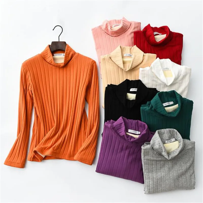 Осень-зима Для женщин футболка футболки для девочек с высоким, плотно облегающим шею воротником; теплые толстые велюровые футболки женские с длинными рукавами кофточка-рубашка плюс Размеры SF1555