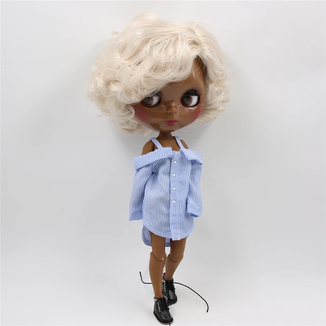 Tbl Neo Blythe Doll Grey White Hair Jointed Body Tan Dark Skin