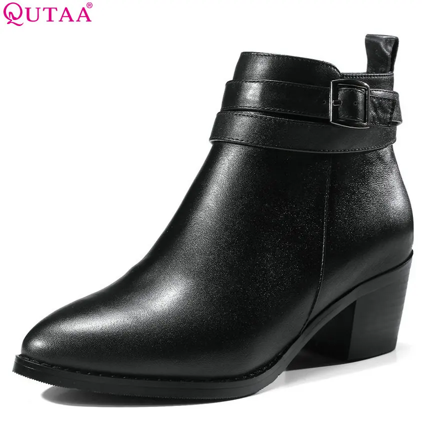 

QUTAA 2019 Women Motorcycle Boots All Match Cow Leather+Pu Square High Heel Winter Shoes Women Ankle Boots Big Size 34-39