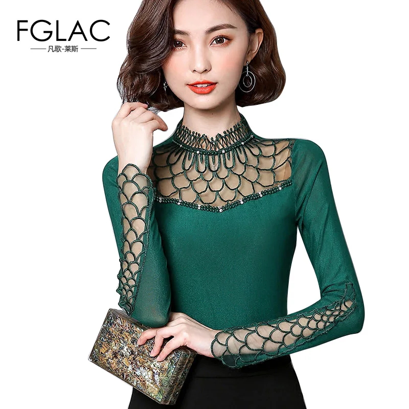 Günstige FGLAC S 4XL Frauen bluse hemd 2019 mode langarm shirt frauen aushöhlen Spitze tops Elegante Dünne plus größe Mesh tops