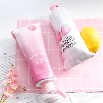 

Kawaii Pencil Case Strawberry Toothpaste PU Case with Pencil Sharpener Stationery Storage Bags School Office Supplies Baby Girls