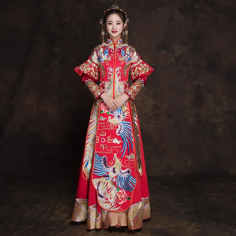 Skup Klasyczny stójka Cheongsam małżeństwo garnitur haft Phoenix chińskie wesele sukienka tradycyjny Qipao starożytny Vestidos