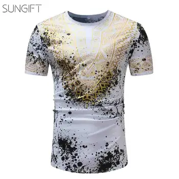 

SUNGIFT African Men's Top Dashiki African Crew Neck Shirt For Men 2019 Male Summer Splash-ink Print Slim Fit T-Shirt Ethnic Top