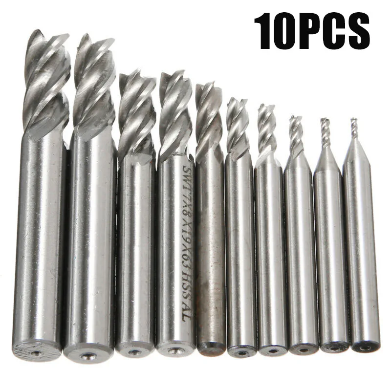 

10Pcs HSS Milling Cutters Straight Shank 4Flutes Drill Bit Cutting Tool 1.5-10mm