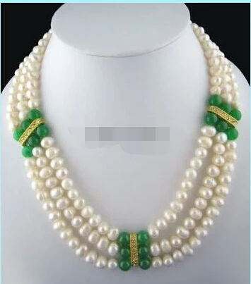 

Free Shipping ***Hot sale >>>>3 Rows Genuine White Pearl Green Jade Beads 18KGP Crystal Clasp Necklace