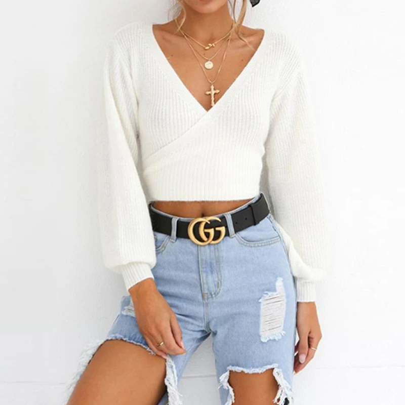

Casual Women White Sweater Crop Top Female V-neck Long Sleeve Pullover Sweater Sexy Ladies Unif Knitted Tie Sweater