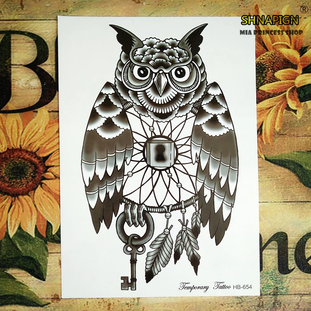 Owl Key Lock Temporary Tattoo Body Art Flash Tattoo Stickers 12*20cm  Waterproof Henna Tatoo Styling Home Decor Wall Sticker - Temporary Tattoos  - AliExpress