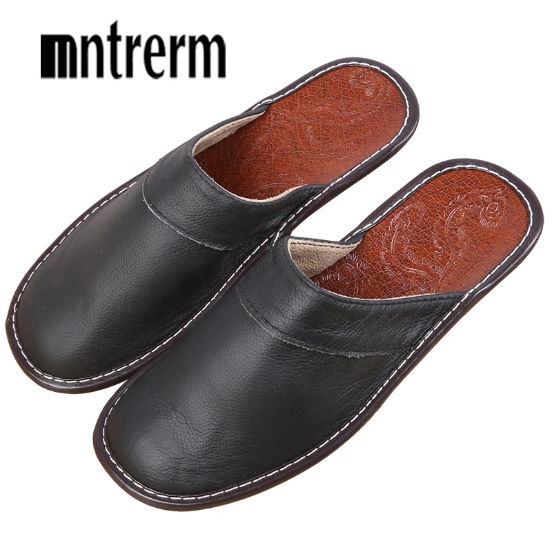 Baratos Zapatillas Mntrerm para hombre, zapatillas térmicas antideslizantes para el hogar, de cuero genuino para primavera y otoño, 2018 nuevos zapatos calientes para el exterior