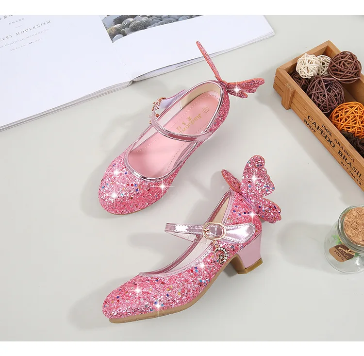 Девичьи на высоком каблуке; детская обувь; модная детская обувь принцессы с блестками; вечерние туфли с бабочками для девочек; обувь для танцев; цвет золотой, розовый, синий, серебристый