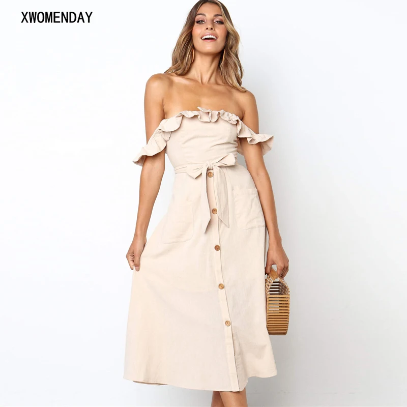 Solid Color Off Shoulder Dress Summer 2019 Women Slash Neck Button Midi Party Dress Elegant Sleeveless Pockets Sashes Sundress