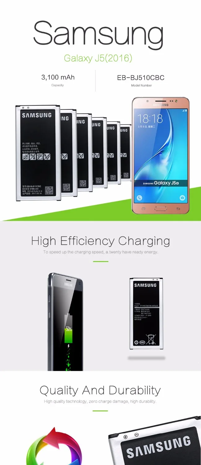 Samsung аккумулятор для Samsung Galaxy J5 Edition Замена J510 J510FN J510F J510G J510Y J510M 3100 мА/ч, EB-BJ510CBE