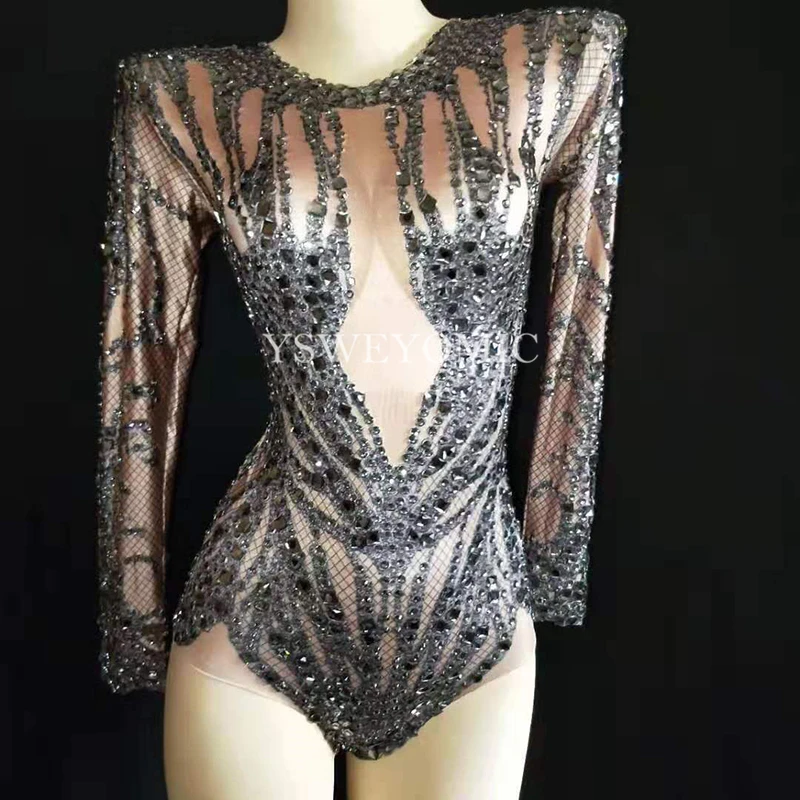 Блестящие черные кристаллы боди с имитацией обнаженного тела представление наряд костюм вечерние праздновать Стразы стрейч купальник сцена танцевальная одежда Y52