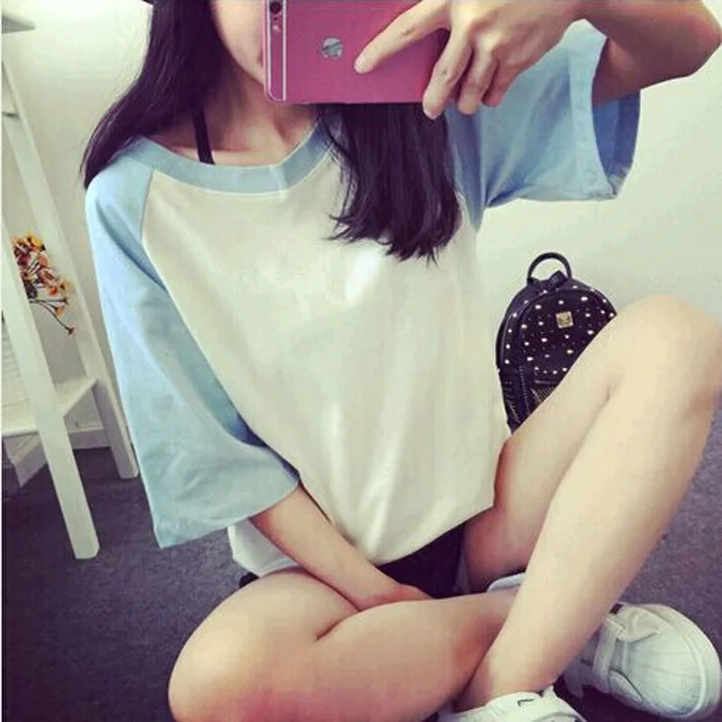 

High Quality Cotton Comfortable T shirt Women Half Sleeve Round Neck Tee shirt Femme Patchwork Color Sleeve Loose Style Camiseta
