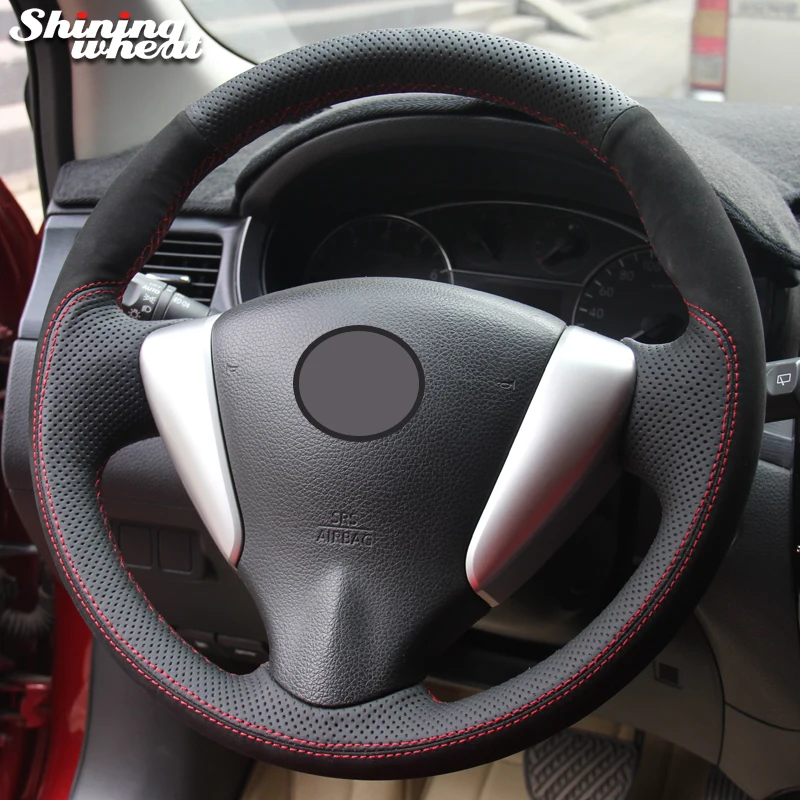 Bannis Black Suede Black Genuine Leather Car Steering Wheel Cover For
