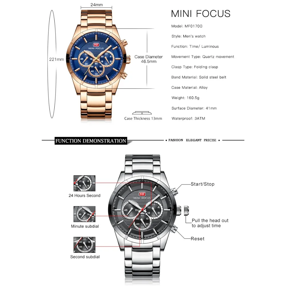 MINIFOCUS Military Quartz Wristwatch Mens Sports Chronograph Stainless Steel Man Watches Clock Reloj Mujer Montre Homme MF0170G