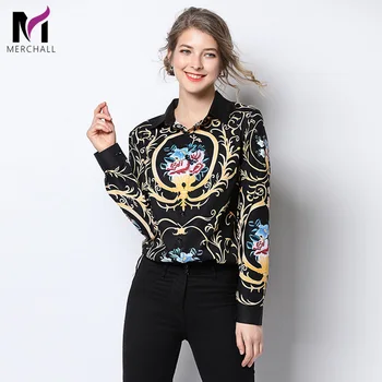 

2018 Autumn Fashion Blouses Women Runway Designers Long Sleeve Turn Down Collar Vintage Floral Printed Casual Shirt Tops Blusas