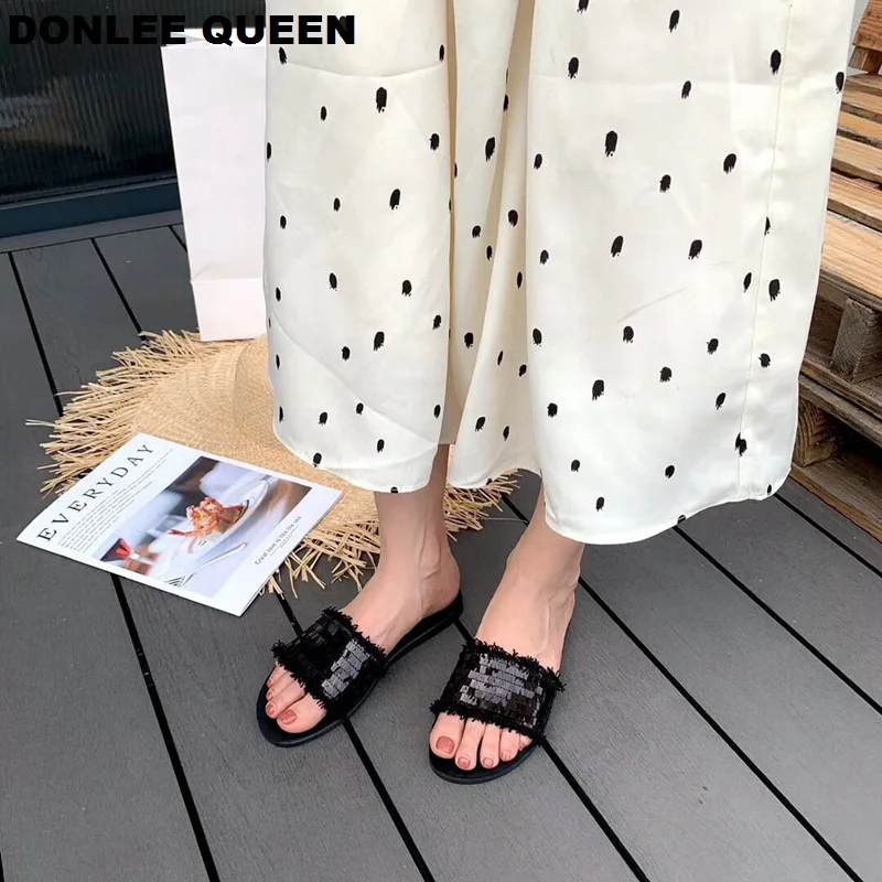 DONLEE QUEEN/женские шлепанцы блестящие тканевые с блестками женская повседневная