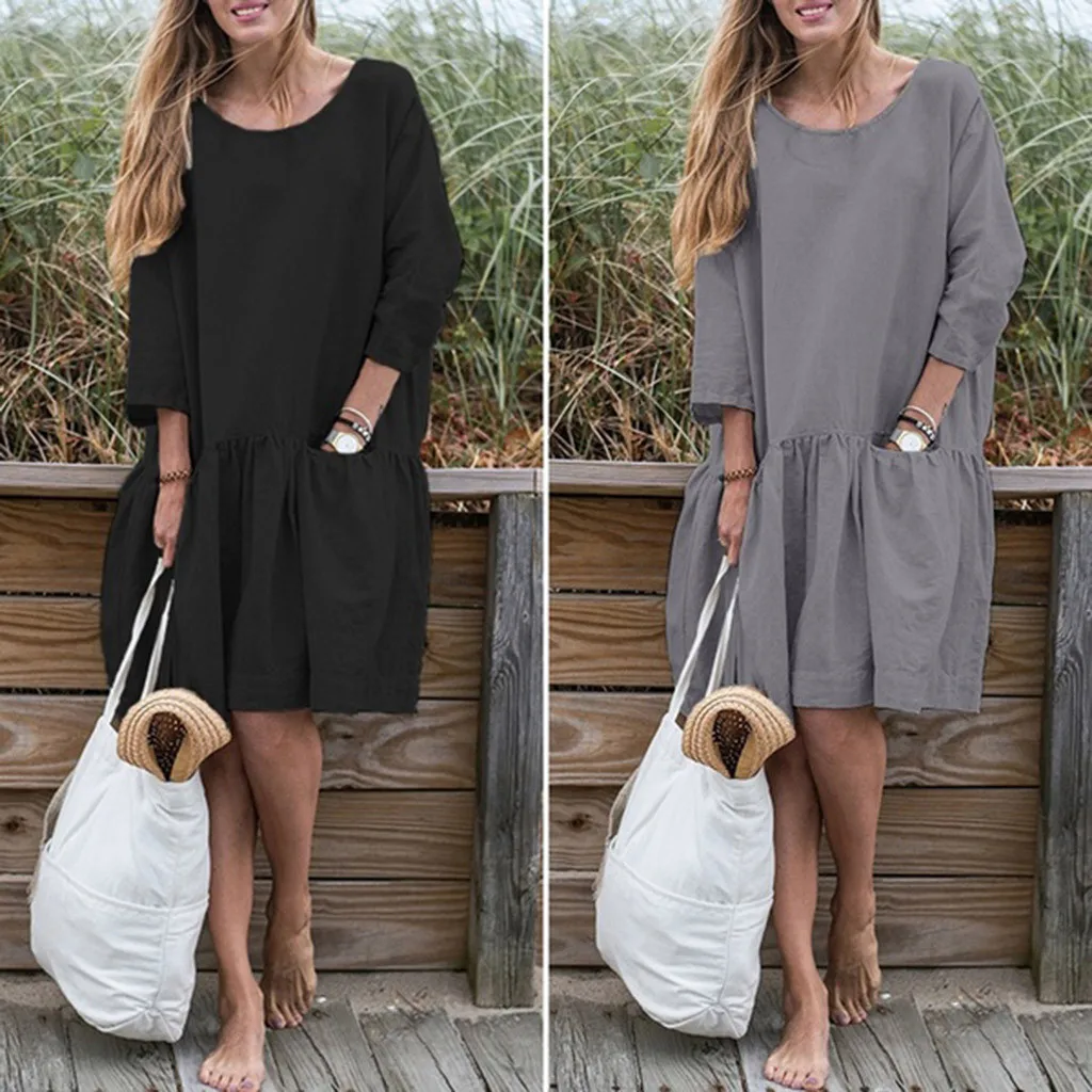 

Spring Summer Dress Casual Loose Women O Neck 3/4 Sleeve Ruffle Swing Cotton Solid Color Knee-Length Dress #3