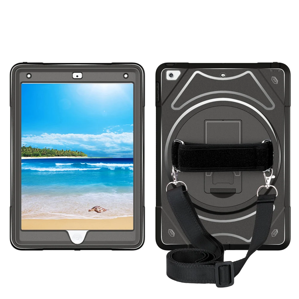 

For iPad 2017 9.7 Case Hard PC Bumper Soft TPU Back Cover with 360 Degree Rotation Shoulder Hand Strap and Kickstand-Miesherk