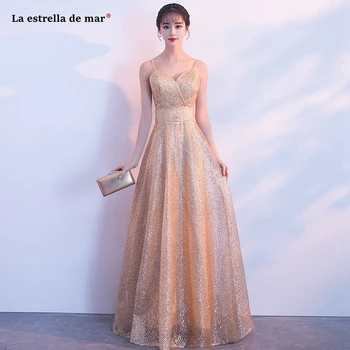 

Vestido boda mujer new sexy V neck Spaghetti Straps A Line champagne gold bridesmaid dress long vestido boda mujer invitada