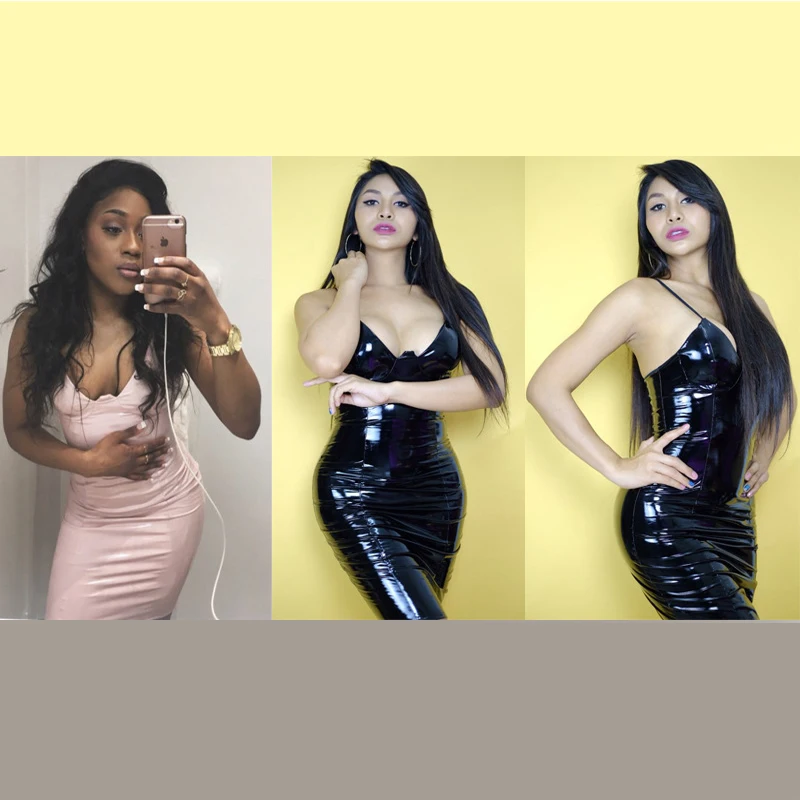 

Charmed Women Patent Leather Sexy Tube Dress Wetlook Sexy Halter Sleeveless Deep V Cut Dress Shiny PU Nightclub Uniforms