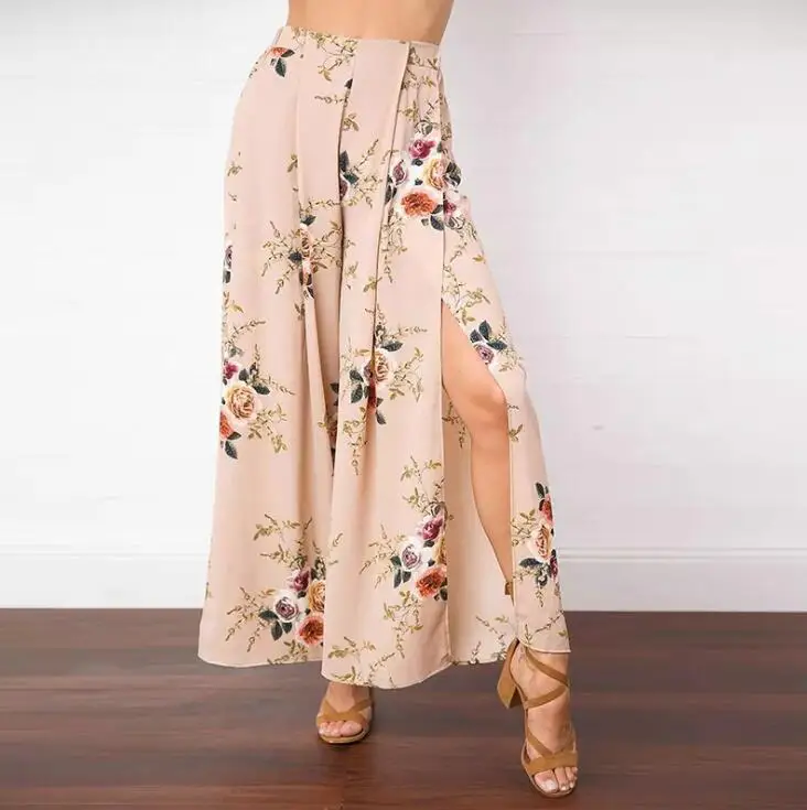 

Summer Fashion Wide Leg Pants Women Europe Style Floral Print Skirt Pants Split Chiffon Trousers Mid-Waist Loose Plus Size