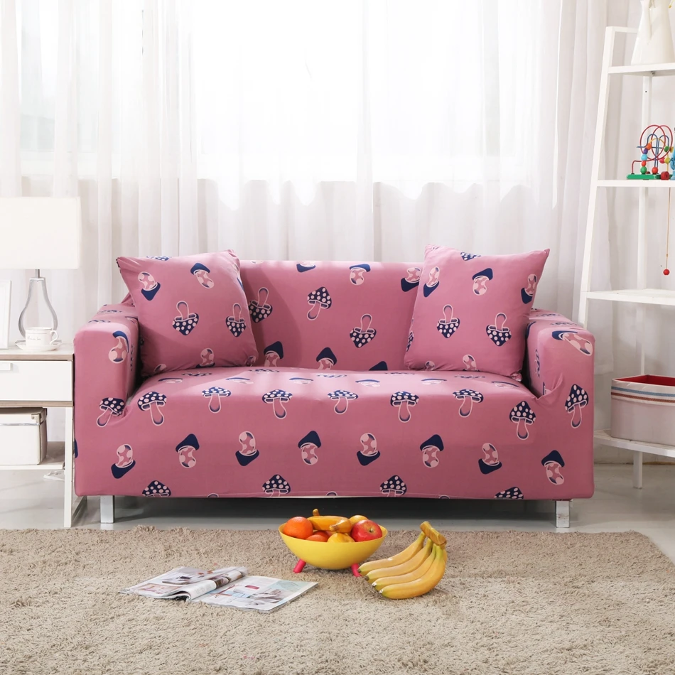 Pink Sofa Cover 100 Polyester Print with Cute Mushrooms Elastic