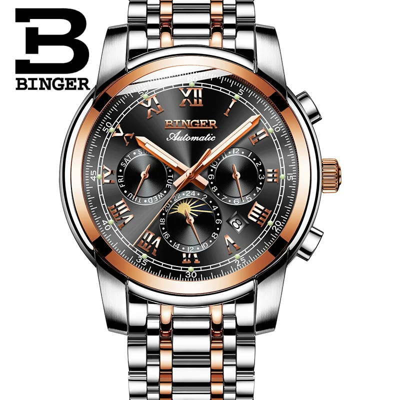 الفاخرة العلامة التجارية الرجال الساعات سويسرا التلقائي الميكانيكية ووتش الرجال بينغر الياقوت ساعة للماء relogio masculino B1178-3