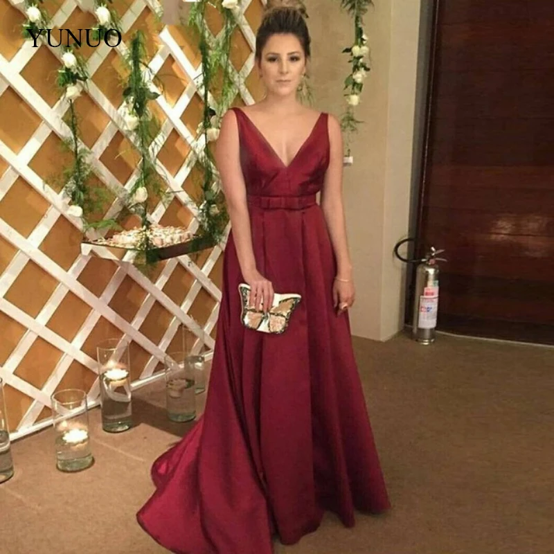 

Vestidos de fiesta V-Neck Burgundy Satin Prom Dress Sweep Train Formal Dress Women Elegant Evening Gown