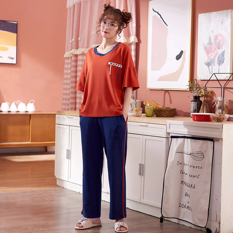 Summer Knitted Cotton Women Pajamas Set Short Tops+Long Pants Sleepwear Round Neck Big Size M-XXL Ladies Homewear Clothing Summer Knitted Cotton Women Pajamas Set Short Tops+Long Pants Sleepwear Round Neck Big Size M-XXL Ladies Homewear Clothing