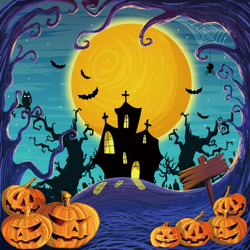 

Laeacco Halloween Backgrounds Baby Comics Castle Moon Old Tree Pumpkin Party Banner Photo Backdrops Photocall Photo Studio