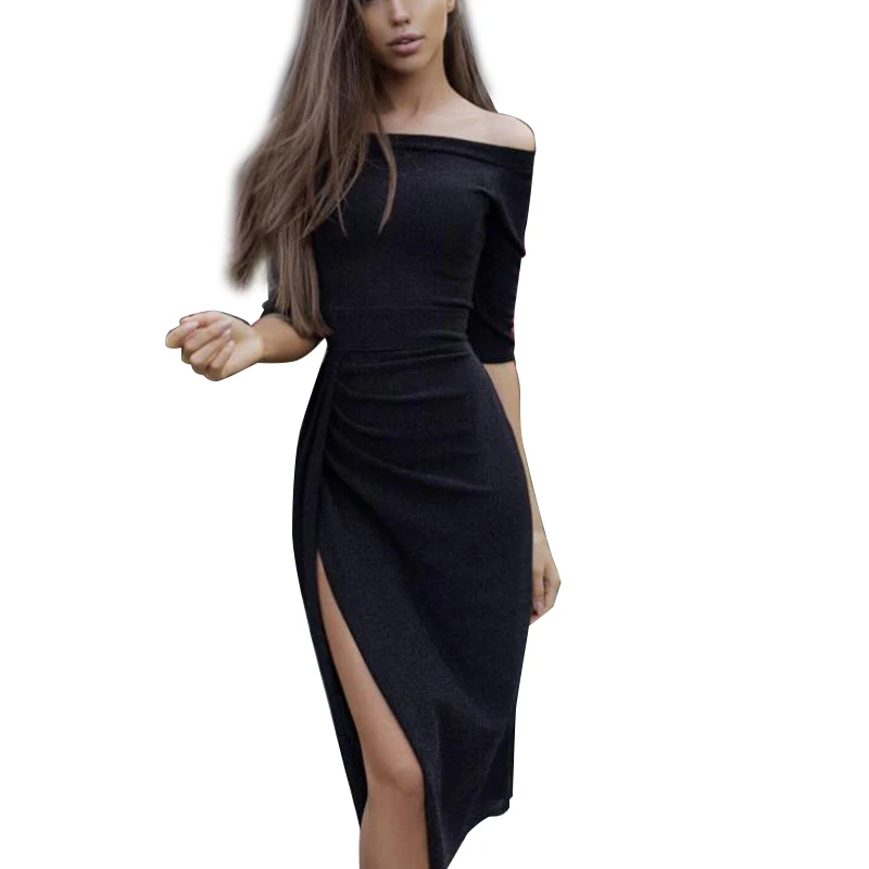 

Women Lady Off Shoulder Formal occasions Dinner High Slit Slim Solid Color Bodycon Dress for Party TY53