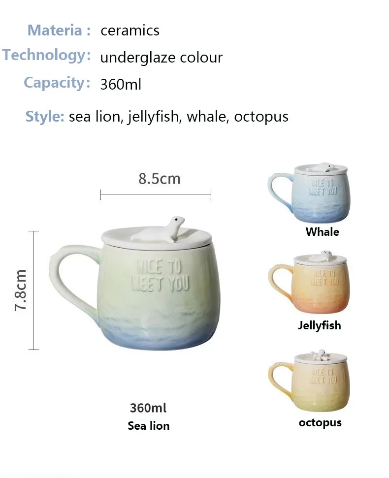 HOMIE lovely Gradient animal Cup Coffee Mug Large 300ml Whale With lid Mugs creative Drinkware Tea milk Cup Novelty Newlywed couple3_