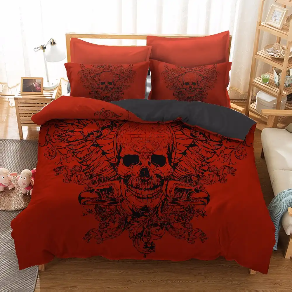 3d Red Skull Duvet Cover Set Horror Style Skull With Plants Us Au