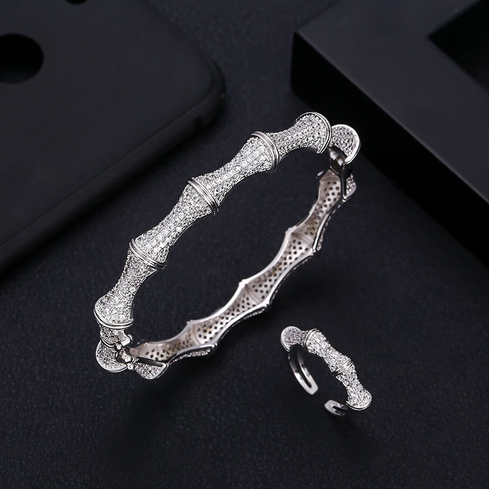 

jankelly Luxury bamboo Bangle Ring Sets Fashion Dubai Silver Bridal Jewelry Sets For Women Wedding brincos para as mulheres