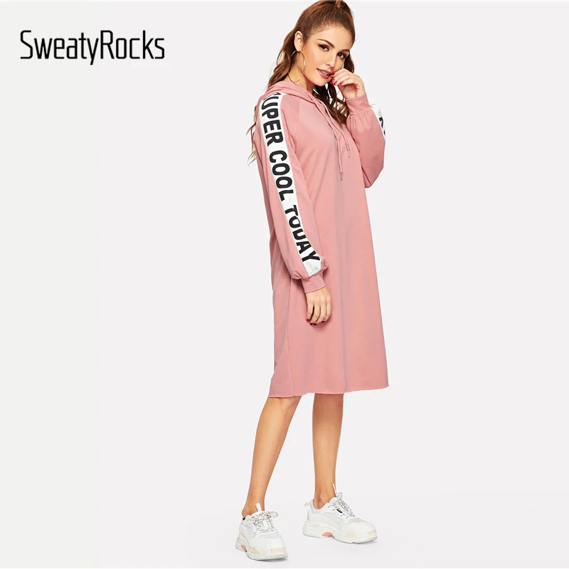 Свитер SweatyRocks с рукавом реглан и буквенным принтом, платье, уличная одежда с длинным рукавом, розовое платье миди, весеннее женское Повседневное платье-толстовка