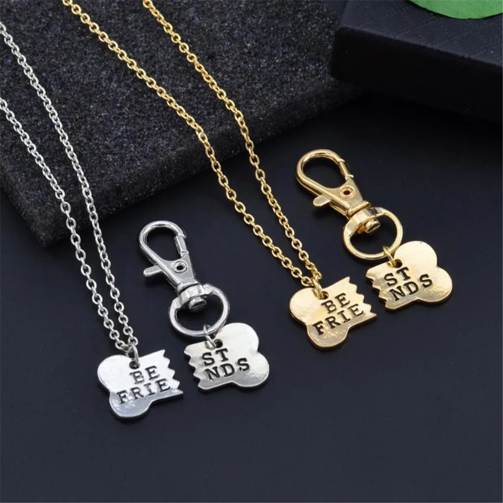 

2 pcs Personalized Fashion Silver and Gold Best Friends Matching Necklace & Dog Tag Clip Bone Key Chain Friendship Print