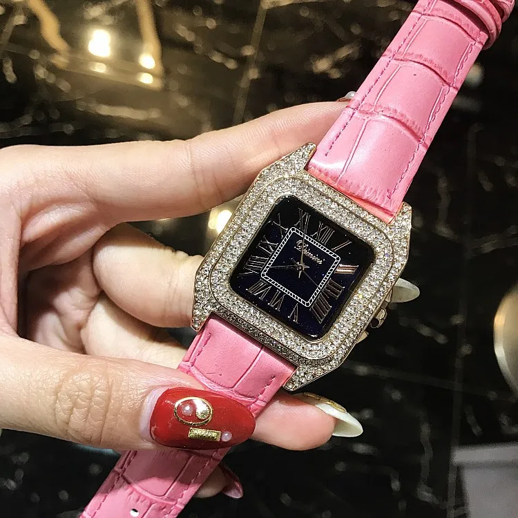 Топ Роскошные часы с квадратным браслетом и полностью бриллиантами, женские модные кварцевые часы с кожаным ремешком, стразы, новые элегантные женские часы - Цвет: gold case rose belt