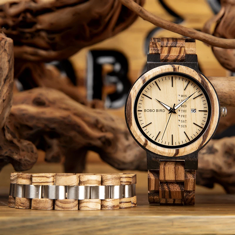 BOBO BIRD Zebra Wood Quartz Watch With Bracelet Men Wristwatch Week & Date Display Best Gift relogio masculino In Gift Box V-O26
