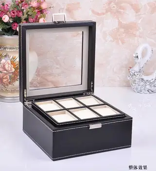 

vintage fashion 6-slot wood structure leather watch display box jewelry box case with glass lid black 263A