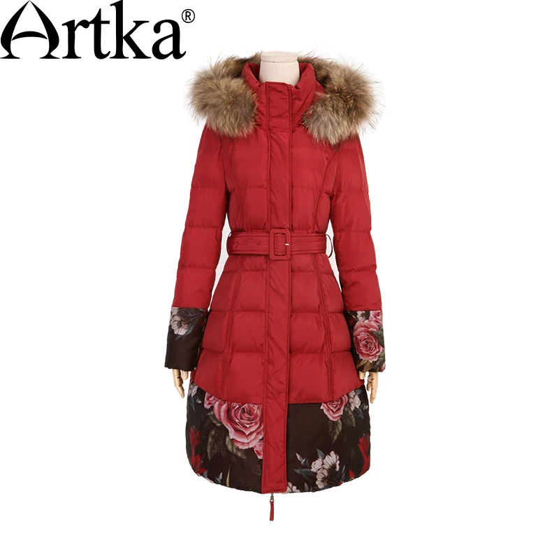 Goedkoop ARTKA vrouwen Down Jas Winter Bovenkleding 2018 Lange Parka Vrouwelijke Bontkraag Jas Hooded Windbreaker Bloemen Overjas ZK11867D