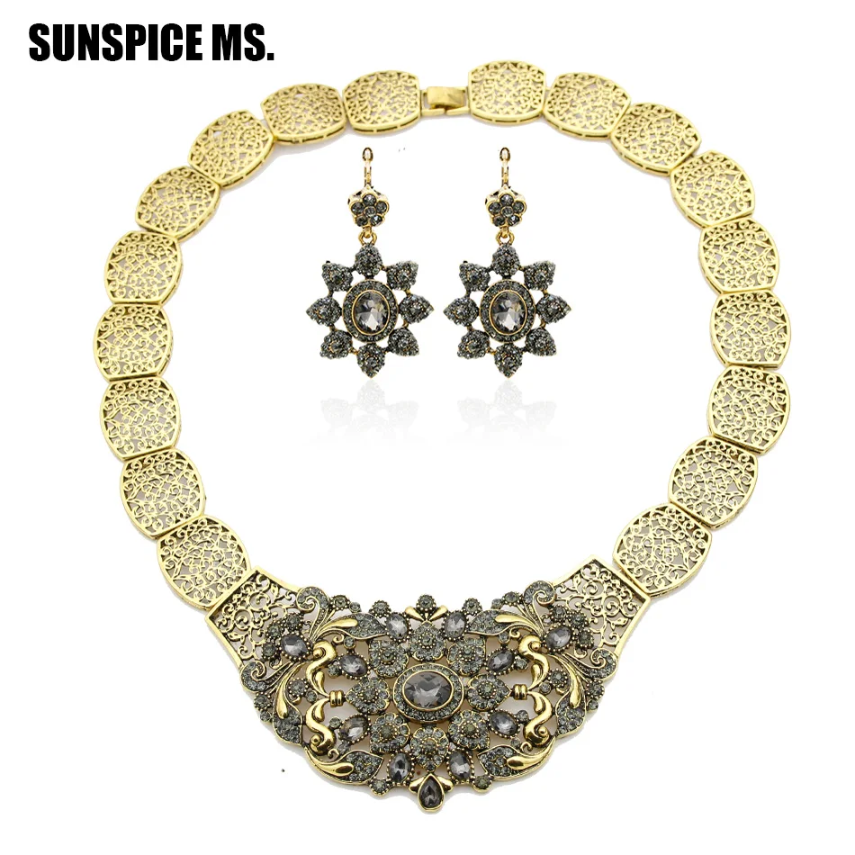 

SUNSPICE MS. Vintage Rhinestone Dangle Earring Flower Necklace Indian Jewelry Sets Antique Bronze Turkish Bridal Valentines Gift