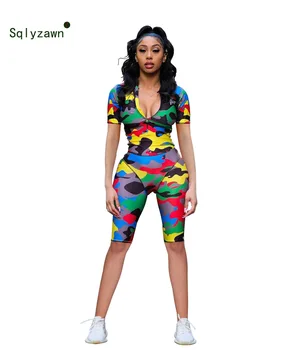

Colorful Camouflage Rompers Women Jumpsuit 2019 Summer Short Sleeve Front Zipper Plus Size Jumpsuits Street Camo Skinny Playsuit
