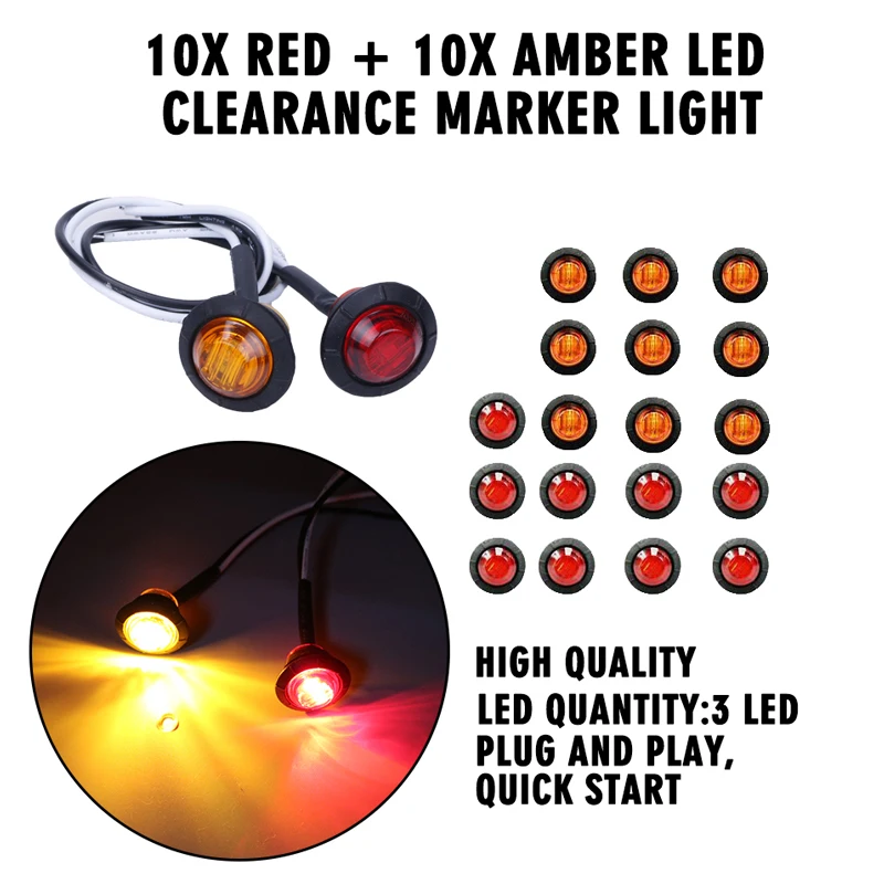 Plug /& Grommet 10X 2/" Round 12V Red Led Light Trailer,Clearance Marker Lights