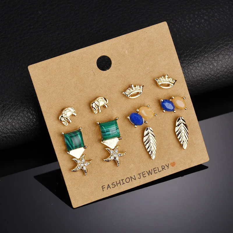 

Cheap 6 Pairs/Set Bohemia Golden Metal Starfish Crown Feather Stud Earrings Set Cute Colorful Unicorn Earring For Girl Gifts
