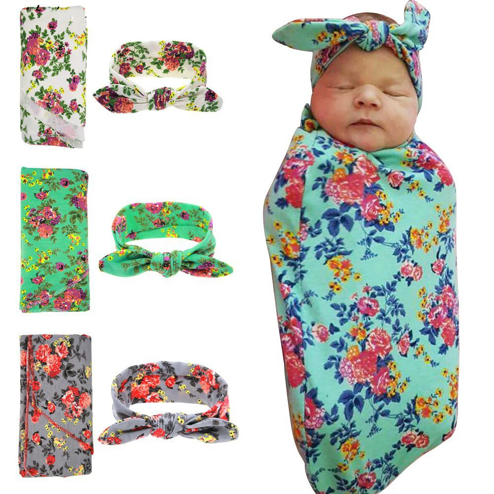 Naturalwell Newborn Swaddle & headwrap Hospital Swaddled Set Floral